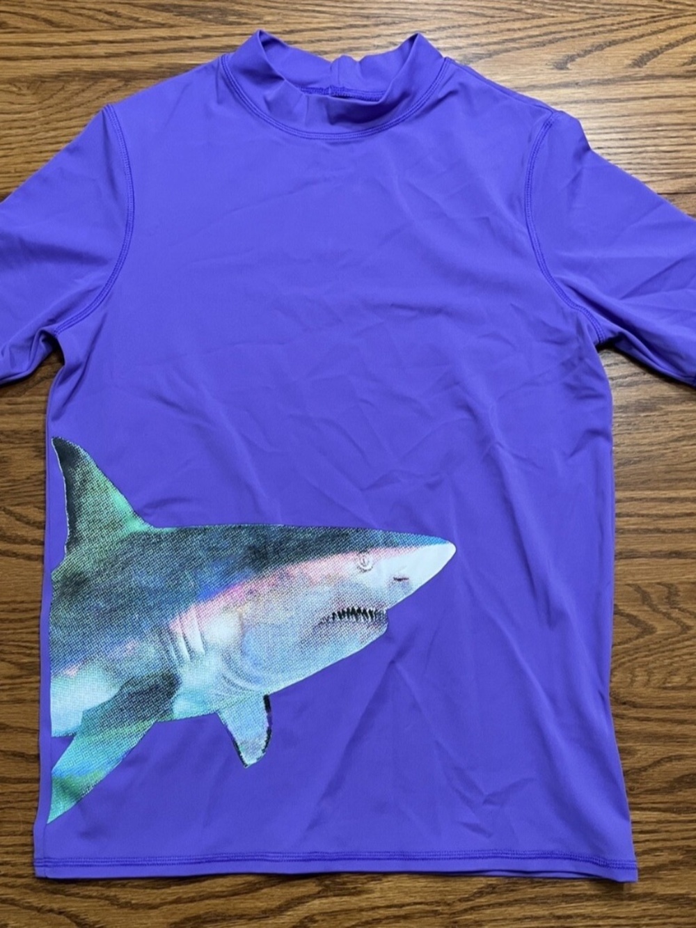 Lands’ End kid boy girl M 10 rash guard swim shirt purple shark Bathing Suit Top